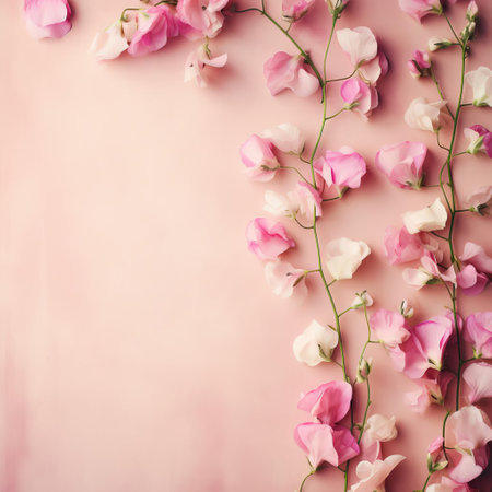 sweet peas bloom beautifully against a soft, muted background in this charming vintage-inspired photograph, evoking a sense of simplicity and minimalism, perfect for adding a touch of elegance and nostalgia to any room's decor, with its delicate pastel hues and whimsical floral arrangement. ai generatedの素材