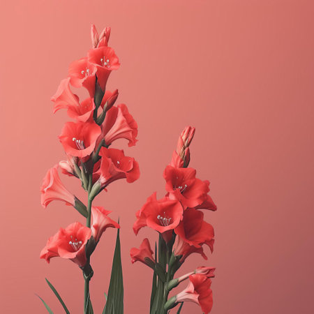 the gladiolus stands tall against a soft, muted vintage background, its delicate petals and slender stem evoking a sense of simple elegance, perfect for adding a touch of understated sophistication to any space, with its minimalist charm and nostalgic flair. ai generatedの素材