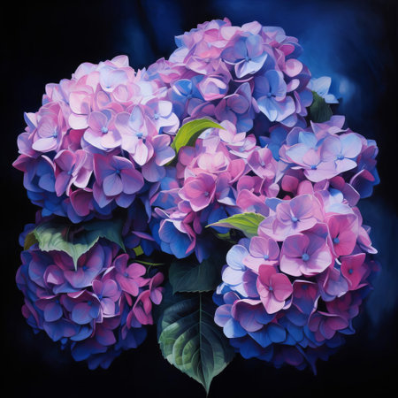 the hydrangea flower blooms in vibrant shades of pink, blue, and white, showcasing its delicate petals and lush green foliage, creating a stunning display in gardens and floral arrangements, perfect for spring and summer decorations. ai generatedの素材