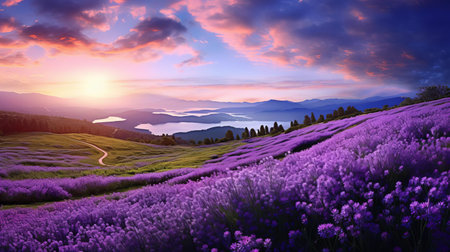 the violet flower field stretches as far as the eye can see, a breathtaking sight of delicate purple petals swaying gently in the breeze, surrounded by lush greenery and warm sunlight, creating a serene and peaceful atmosphere perfect for relaxation and nature lovers. ai generatedの素材