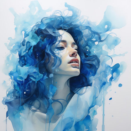 the watercolor painting features a serene blue background, subtly blended with gentle strokes, evoking a sense of calmness and tranquility, perfect for adding a touch of elegance to any room's decor, and ideal for those who appreciate soft, soothing hues and artistic expressions. ai generatedの素材