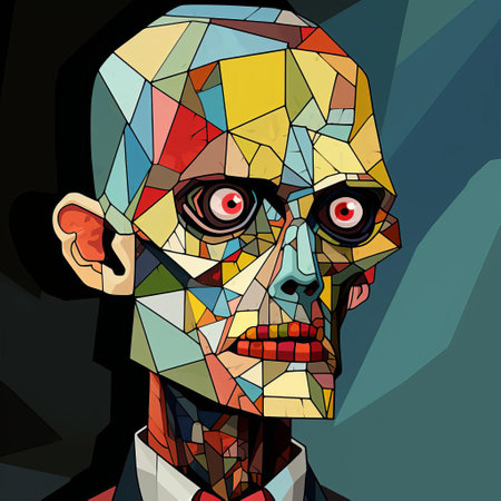 a futuristic cubism-inspired humanoid figure, reminiscent of a zombie, stands amidst a minimalist backdrop, its fragmented body parts and distorted facial features blending into a mesmerizing fusion of art and horror, evoking a sense of eerie fascination and avant-garde aesthetics. ai generatedの素材