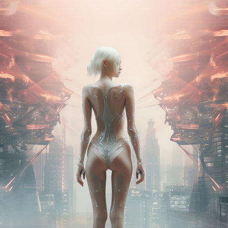 the futuristic fairy humanoid stands elegantly in a minimalist setting, surrounded by sleek lines and modern technology, blending fantasy and sci-fi elements in a captivating visual representation of a cyberpunk world, evoking a sense of innovation and avant-garde style. ai generatedの素材