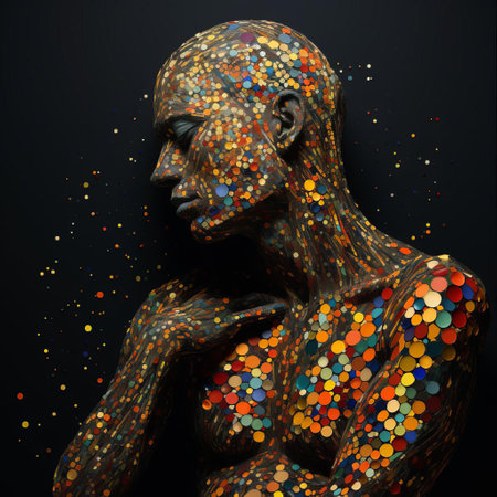 the chimera humanoid, a mesmerizing fusion of mythological creature and futuristic being, stands poised against a vibrant pointillism backdrop, its minimalist features accentuated by intricate dots of color, evoking a sense of surrealism and sci-fi fantasy, perfect for fans of futuristic art and mythology-inspired designs. ai generatedの素材