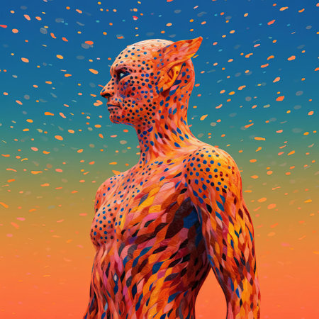 the chimera humanoid, a mesmerizing fusion of myth and modernity, emerges from a kaleidoscope of tiny dots, showcasing the intricate art of pointillism, where minimalism meets maximal creativity, blending fantasy and reality in a vibrant, dreamlike digital art portrait. ai generatedの素材
