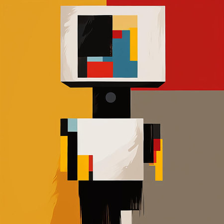 the griffin humanoid, a futuristic figure, stands amidst a kaleidoscope of geometric shapes and vibrant colors, embodying the essence of suprematism, a russian art movement that pioneered minimalism, abstract art, and avant-garde design, evoking a sense of modernity and futuristic elegance. ai generatedの素材