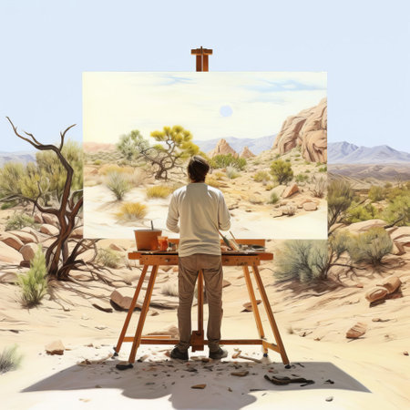 the artist sets up an easel in the serene outdoors, capturing the fleeting effects of natural light in this stunning plein air painting, surrounded by lush greenery and vibrant flowers, evoking a sense of tranquility and connection to nature, perfect for art enthusiasts and outdoor lovers alike. ai generatedの素材