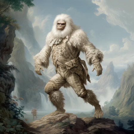 the mysterious bigfoot humanoid, shrouded in mist, stands amidst a whimsical rococo-inspired backdrop, blending mythical folklore with ornate 18th-century french aesthetics, evoking a sense of mystique and wonder, as if plucked from a fantastical forest, frozen in time, awaiting discovery. ai generatedの素材
