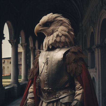 the griffin humanoid, a mythical creature with lion-like features, sits poised in a renaissance-inspired setting, surrounded by ornate furnishings and intricate tapestries, blending ancient mythology with elegant minimalism, evoking a sense of mystique and refinement in this captivating still life photography. ai generatedの素材