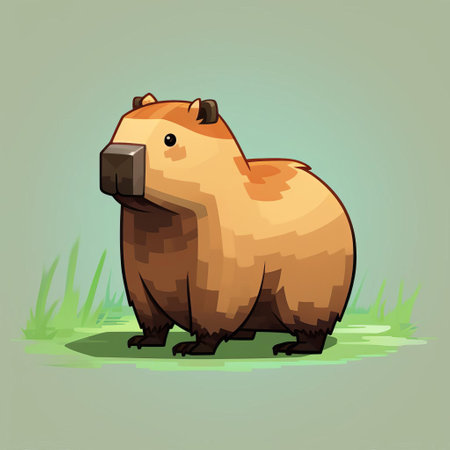the capybara, a large rodent native to south america, is rendered in a pixelated style, with a blocky, low-resolution appearance that adds a touch of retro charm, set against a calming light green background featuring subtle grassy textures, creating a simple yet effective visual setting for this adorable creature. ai generatedの素材