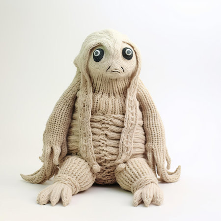 the knitted boggart stands proudly against a crisp white background, showcasing its intricately crafted full body, complete with delicate features and textures, evoking a sense of whimsy and fantasy, perfect for fans of magical creatures and knitting enthusiasts alike. ai generatedの素材