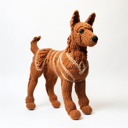 the knitted kelpie, a mythical scottish water horse, is beautifully captured in this full-body photograph against a pristine white background, showcasing its intricately textured fur and endearing facial expression, perfect for fans of scottish folklore and knitting enthusiasts alike. ai generatedの素材
