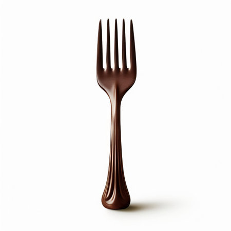a dessert fork lies isolated on a pristine white background, its slender tines and curved handle gleaming in the light, perfect for adding a touch of elegance to any sweet treat, from decadent chocolate cakes to fresh fruit salads and creamy pastries. ai generatedの素材