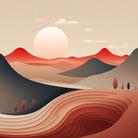 mountain peaks rise majestically in the background of this serene landscape, set against a soft, gradient blue sky, while minimalist trees and subtle hills in the foreground evoke a sense of peaceful simplicity, perfect for a calming wall art or desktop wallpaper. ai generatedの素材