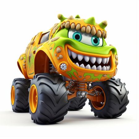 the 3d monster truck, with its massive wheels and aggressive stance, sits proudly on a white isolated background, showcasing its powerful design and vibrant colors, perfect for automotive enthusiasts and graphic designers looking for high-quality vehicle models and transportation graphics. ai generatedの素材