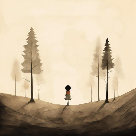 the girl, with a mischievous glint in her eye, stands confidently in a dark forest, surrounded by towering trees, in this captivating illustration by acclaimed author and illustrator jon klassen, evoking a sense of mystery and adventure in children's literature and storytelling. ai generatedの素材