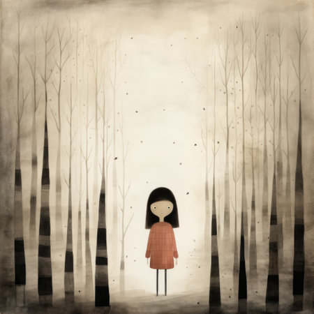 the weary girl, created by acclaimed author and illustrator jon klassen, sits pensively on a tree stump, surrounded by a serene forest landscape, her subtle facial expression conveying a sense of quiet contemplation, evoking feelings of calmness and introspection in this beautifully rendered digital artwork. ai generatedの素材