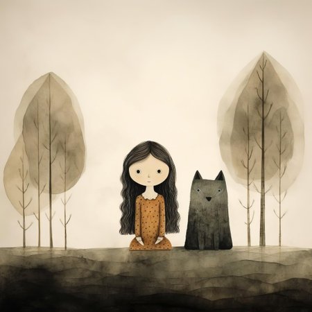 the weeping woman, a hauntingly beautiful illustration by jon klassen, showcases a mysterious female figure cloaked in shadows, her sorrowful expression illuminated only by a faint, eerie glow, evoking a sense of melancholy and intrigue, perfect for fans of dark, whimsical art and mysterious characters. ai generatedの素材