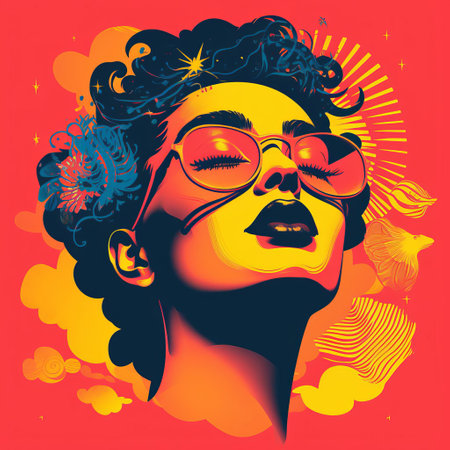 the woman, surrounded by vibrant colors and abstract shapes, embodies the eclectic spirit of risograph design, blending bold femininity with playful, hand-drawn elements, evoking a sense of creative freedom and artistic expression in this striking, modern portrait. ai generatedの素材