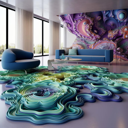 the 3d carpet, with its vibrant colors and intricate patterns, adds a touch of modern elegance to any room, featuring a futuristic design that creates an optical illusion, perfect for homeowners looking to make a statement with their interior decor and flooring. ai generatedの素材