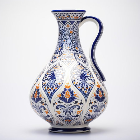 the iranian art pottery, adorned with intricate designs and vibrant colors, sits elegantly on a white isolated background, showcasing the country's rich cultural heritage and traditional craftsmanship in ceramics, perfect for decorative or functional use in home decor. ai generatedの素材