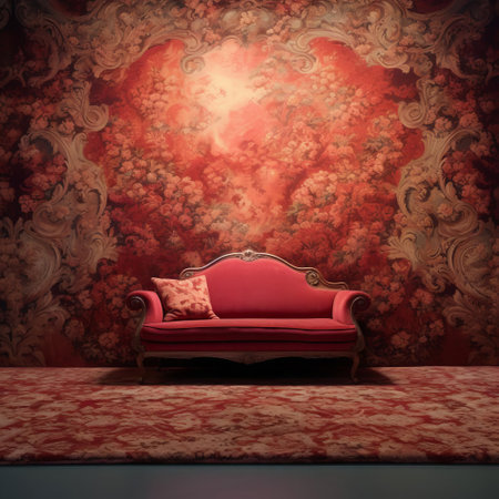 the carpet wallpaper features a stunning floral pattern with intricate details, adding a touch of elegance and sophistication to any room's decor, perfect for creating a cozy atmosphere and complementing traditional or modern furniture styles with its soft, textured design. ai generatedの素材