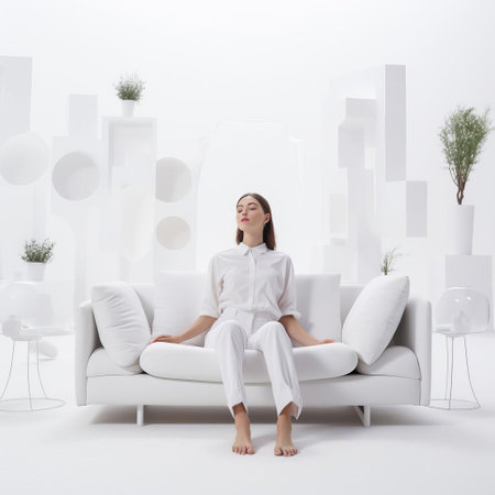 woman enjoying a peaceful morning lifestyle in a serene white background, surrounded by natural elements, practicing mindfulness and meditation, with a cup of coffee and a book, epitomizing a calm and relaxing atmosphere, perfect for a self-care routine. ai generatedの素材
