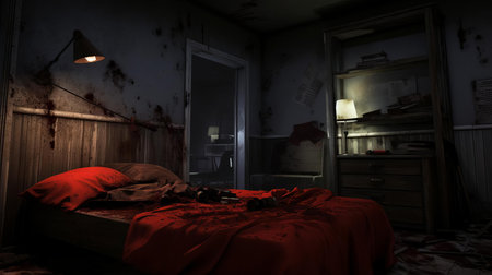 the haunted bedroom scene depicts a spine-tingling atmosphere, with a lone gamer sitting on a dimly lit bed, surrounded by eerie shadows, immersed in a terrifying horror game on their laptop, as the darkness closes in, evoking feelings of fear and anxiety. ai generatedの素材