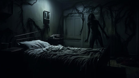the haunted bedroom scene depicts a terrifying atmosphere, with a gamer sitting in front of a laptop, surrounded by darkness, dimly lit by a faint moonlight, playing a spine-chilling horror game that sends shivers down the spine, evoking feelings of fear and anxiety. ai generatedの素材