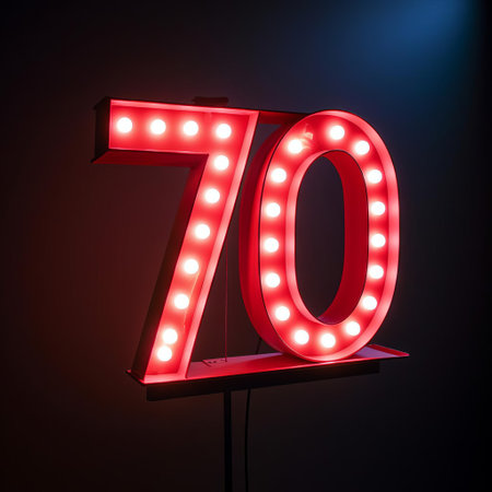 neon signs illuminate the vibrant cityscape at night, with the bold eighty 70 numerals standing out in a retro-style letter box lighting display, evoking a sense of nostalgia and futuristic charm, perfect for urban landscape photography and nightlife enthusiasts. ai generatedの素材