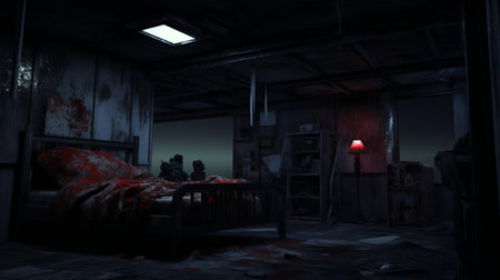 the eerie atmosphere of a dimly lit bedroom is transformed into a terrifying scene, as a gamer sits engrossed in a horror game, surrounded by darkness and fear, with a laptop screen glowing ominously, casting an unsettling ambiance, perfect for a thrilling gaming experience. ai generatedの素材