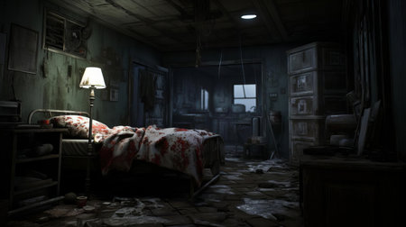the eerie bedroom scene depicts a terrified gamer sitting in front of a laptop, surrounded by dimly lit candles, with a haunting horror game unfolding on the screen, evoking a sense of fear and dread, perfect for fans of survival horror and paranormal activities. ai generatedの素材