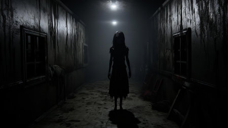 the abandoned asylum in the horror game stands eerily still, shrouded in an unsettling darkness that seems to swallow all hope, as the faint sound of creaking doors and whispers echoes through the deserted corridors, heightening the sense of dread and foreboding. ai generatedの素材