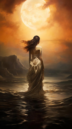 the romanticism era painting depicts a serene landscape with a majestic mountain range, surrounded by lush green forests, and a tranquil lake reflecting the warm hues of a golden sunset, evoking feelings of nostalgia and emotional depth, characteristic of the 19th-century art movement's emphasis on nature and human emotion. ai generatedの素材