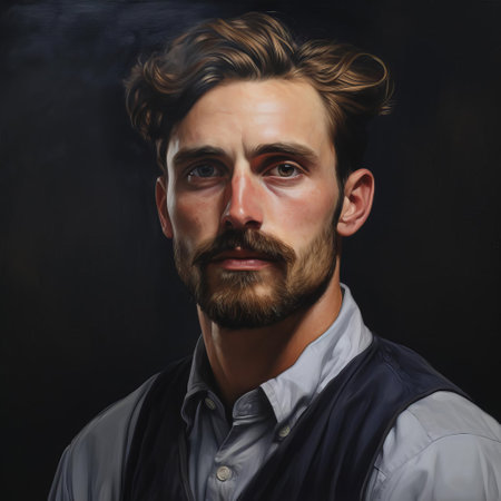 the man in this stunning portrait exudes confidence, his piercing gaze and strong jawline capturing the essence of realism in photography, with subtle shadows and textures adding depth to the image, evoking a sense of masculinity and intensity. ai generatedの素材