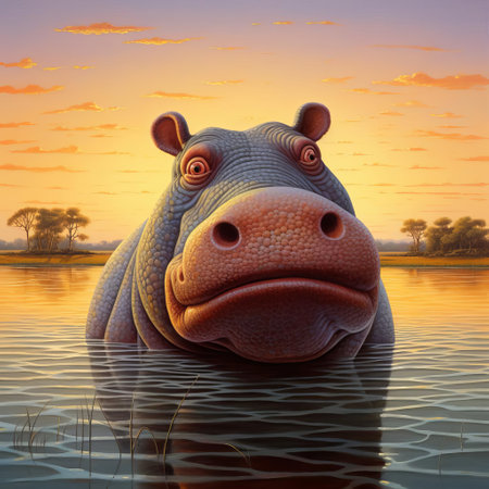 a majestic hippopotamus, reminiscent of evgeni gordiets' iconic wildlife photography, emerges from the murky waters, its rounded body glistening with dew, as the golden light of dawn casts a warm glow on the serene african savannah landscape, surrounded by lush greenery and twisted tree branches. ai generatedの素材