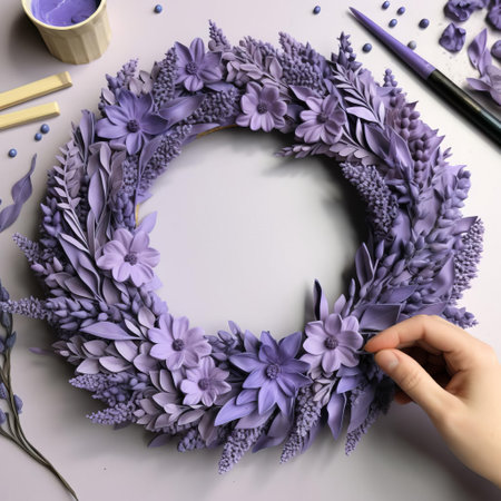 the wreath, meticulously crafted from realism clay, showcases a stunning lavender arrangement, complete with delicate purple petals and lush greenery, evoking a sense of rustic charm and whimsy, perfect for home decor, wedding decorations, or as a beautiful gift for nature lovers and flower enthusiasts alike. ai generatedの素材