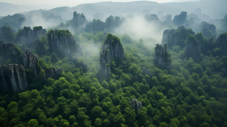 limestone karst formations majestically cover a previously charred forest, showcasing nature's resilience and rebirth after a devastating wildfire, with the rugged, weathered rocks and twisted tree trunks telling a story of destruction and regeneration in a unique, surreal landscape. ai generatedの素材