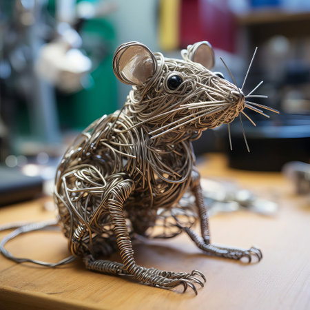 the wire mouse sculpture, crafted from intricately bent and twisted metal wires, showcases exceptional craftsmanship and attention to detail, making it a unique piece of modern art that adds a touch of industrial chic to any room's decor, perfect for fans of diy projects and minimalist design. ai generatedの素材