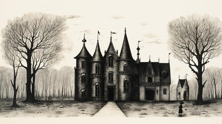 the gothic mansion, a masterpiece of dark architecture, stands tall amidst overgrown gardens, its turrets and spires reaching towards the moon, evoking a sense of mystery and foreboding, as if plucked from the pages of a haunting edward gorey illustration, where victorian elegance meets macabre whimsy. ai generatedの素材