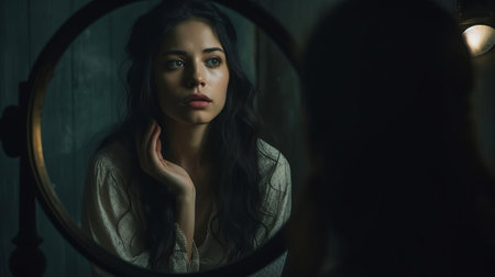 the woman, lost in thought, gazes intensely at her reflection in the mirror, her contemplative expression revealing a deep sense of introspection and self-awareness, as if searching for answers to life's profound questions, surrounded by a serene and peaceful atmosphere. ai generatedの素材