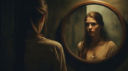 the woman gazes introspectively at her reflection in the mirror, lost in thought as she ponders her innermost feelings and emotions, surrounded by a serene atmosphere that fosters self-reflection and contemplation, evoking a sense of calmness and quiet introspection. ai generatedの素材