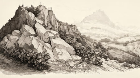 the cliffside landscape depicts a serene rural scene, with rolling hills and lush green fields ready for harvest, showcasing the beauty of nature and the cycle of agriculture, evoking feelings of tranquility and abundance, perfect for nature lovers and photography enthusiasts. ai generatedの素材