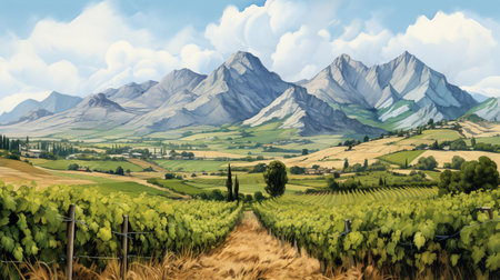 the mountain landscape sketch showcases a serene autumn scene, with rolling hills and towering peaks surrounded by lush green forests, ready for harvest, evoking feelings of coziness and abundance, perfect for nature lovers and outdoor enthusiasts alike, capturing the essence of the season's transition. ai generatedの素材