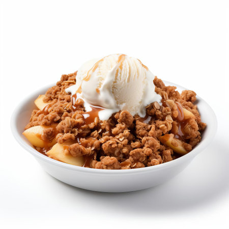 apple crisp, a delicious and warm dessert, sits beautifully on a clean white background, showcasing its golden brown oat topping and tender fruit filling, perfect for a cozy evening or a family gathering, evoking feelings of comfort and nostalgia. ai generatedの素材