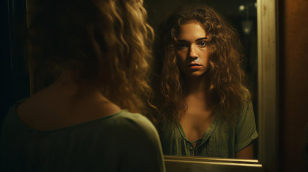 the woman stands pensively in front of the mirror, lost in deep contemplation, her introspective gaze reflecting a mix of emotions, as she engages in self-reflection, introspection, and personal growth, surrounded by a serene atmosphere, evoking feelings of calmness and tranquility. ai generatedの素材