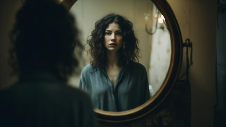 a woman stands introspectively in front of a mirror, her gaze fixed on her reflection, contemplating self-judgment and self-acceptance, as she navigates the complexities of body image, self-esteem, and personal growth, surrounded by a subtle atmosphere of contemplation and introspection. ai generatedの素材