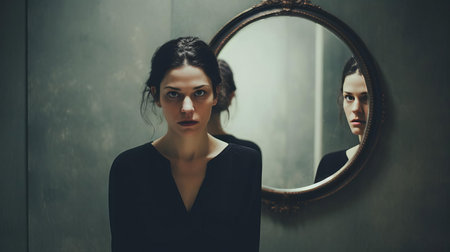 the woman gazes introspectively at her reflection in the mirror, surrounded by subtle hints of a serene atmosphere, as she embarks on a journey of self-discovery and introspection, contemplating her thoughts, emotions, and personal growth, in a quiet moment of solitude and contemplation. ai generatedの素材