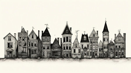 the gothic-inspired architecture in this edward gorey illustration features intricate stone carvings, ornate ironwork, and towering spires, evoking a sense of mystery and foreboding, characteristic of the artist's signature dark whimsy and victorian-era aesthetic, perfect for fans of macabre and eerie landscapes. ai generatedの素材