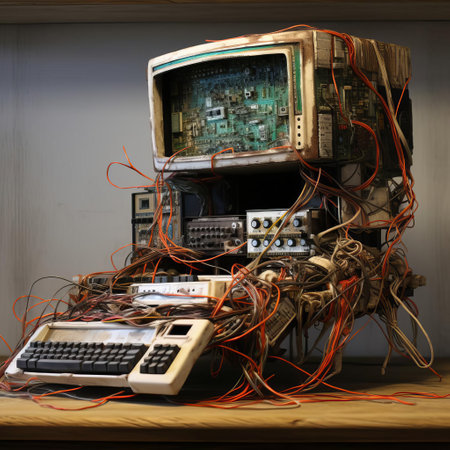 the futuristic computer sculpture, crafted from intricately bent and twisted wire, showcases a mesmerizing blend of art and technology, evoking a sense of innovation and creativity, perfect for tech enthusiasts and fans of modern art, highlighting the beauty of circuitry and electronic components. ai generatedの素材